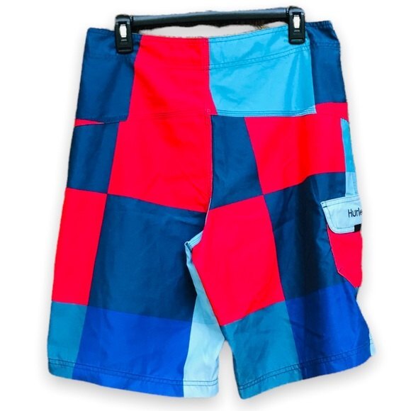 Hurley Board Shorts Blue Red Large Check Plaid Mens Size 32 Bathing Suit - Picture 2 of 9